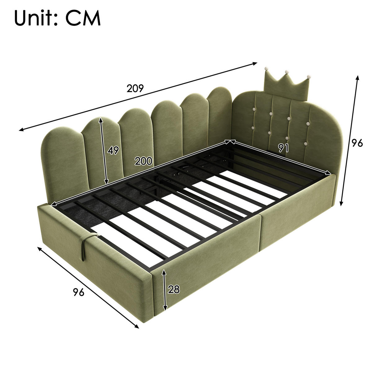 DENNÍ postel 90/200 cm zelená ze sametu s úložným prostorem a korunkovým čelem - zelená barva, kompozitní dřevo (90/200cm) - OKWISH