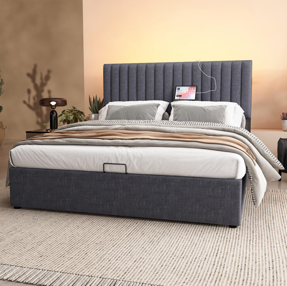 POLSTERBETT 140/200 cm mit LED-Beleuchtung, Bettkasten und verstellbarem Kopfteil - Grau, Textil (140/200cm) - BEAOK
