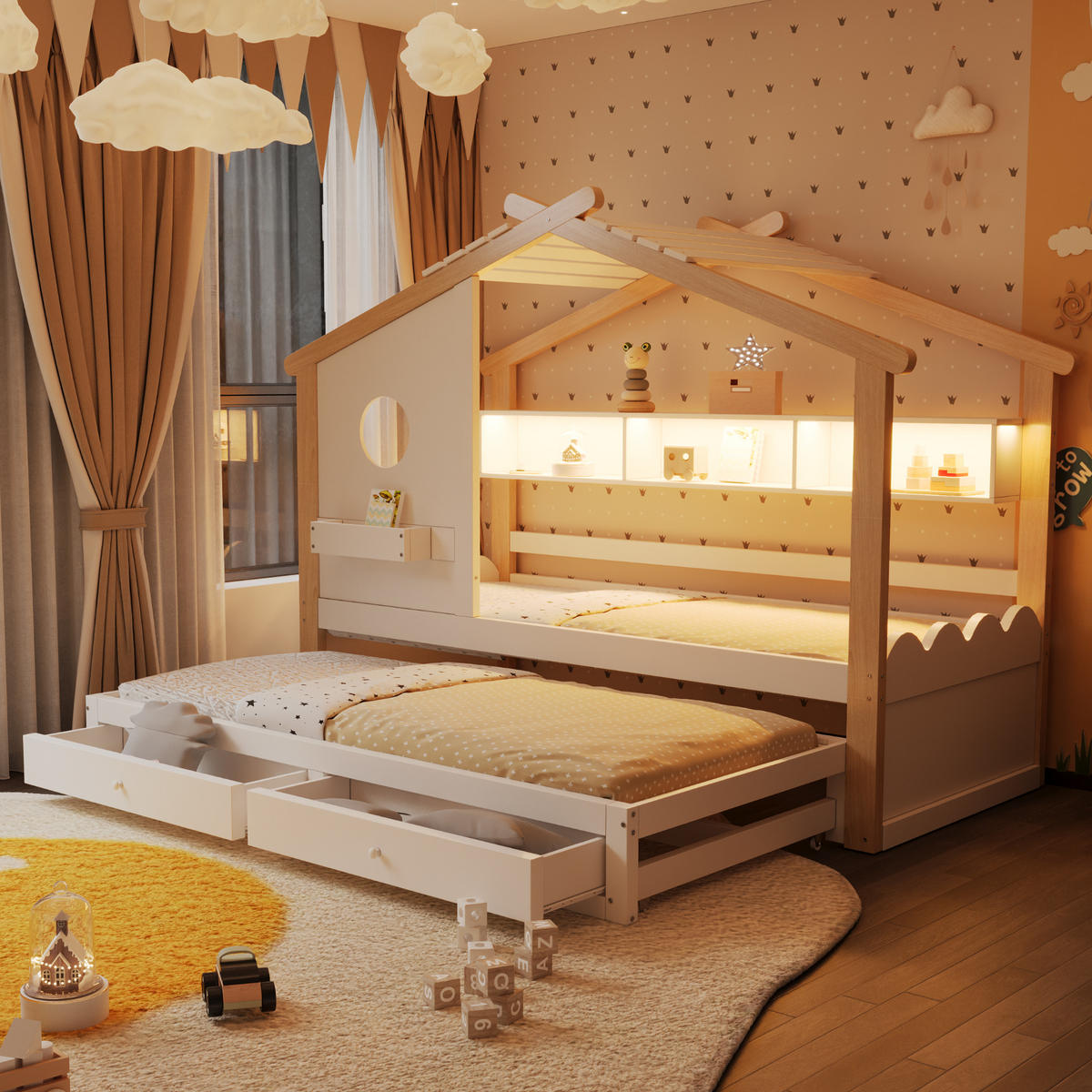 KINDERBETT 90x200 cm Rollbett LED weiß - Weiß, Holz (90/200cm) - LEBENLANG