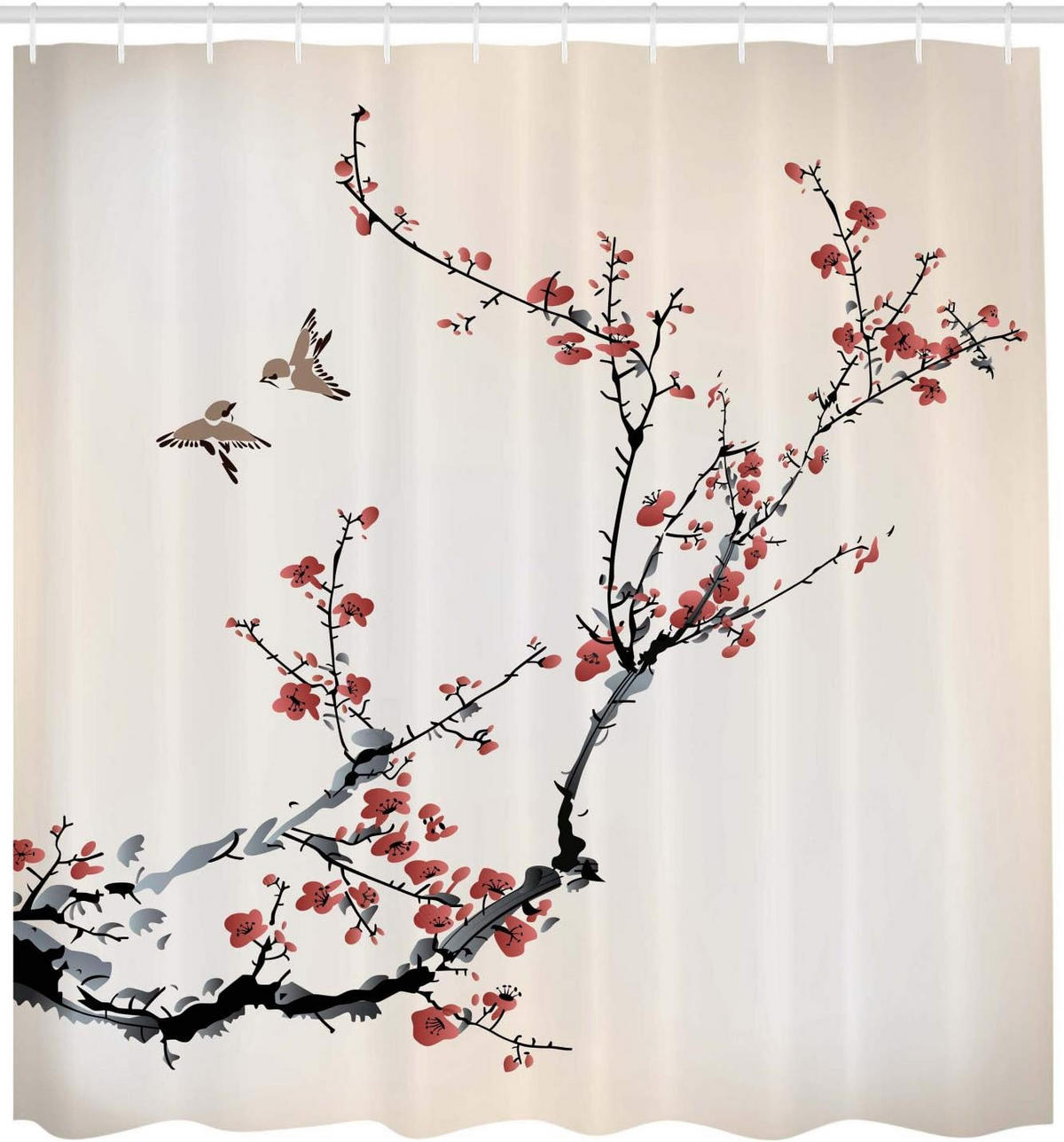 DUSCHVORHANG Vögel Stil Kunst Stoff Set Dekor Badezimmer mit Haken Schwarz Burgund - Multicolor, Textil (180/180cm) - MCBOSON