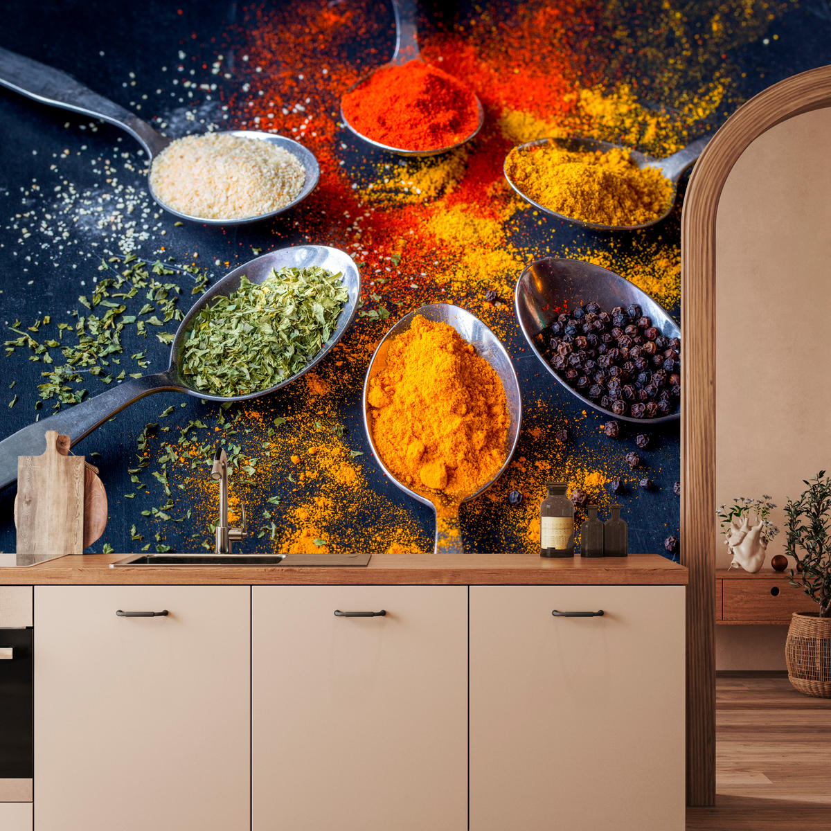 FOTOTAPETE für Küche Gewürzlöffel Orientalisch Curry Kurkuma Pfeffer 350x256 - Beige/Rot, Papier (350/256cm) - Muralo