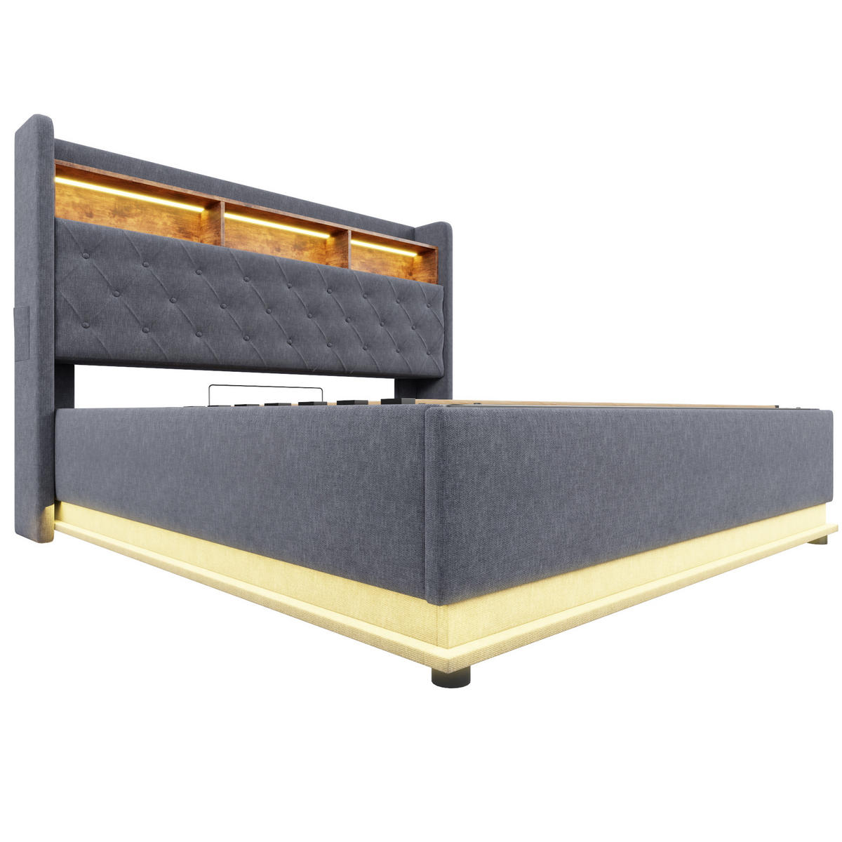 POLSTERBETT LED 160/200 cm grau mit USB-Ladeanschluss und hydraulischem Stauraum - Grau, Textil (160/200cm) - OKWISH