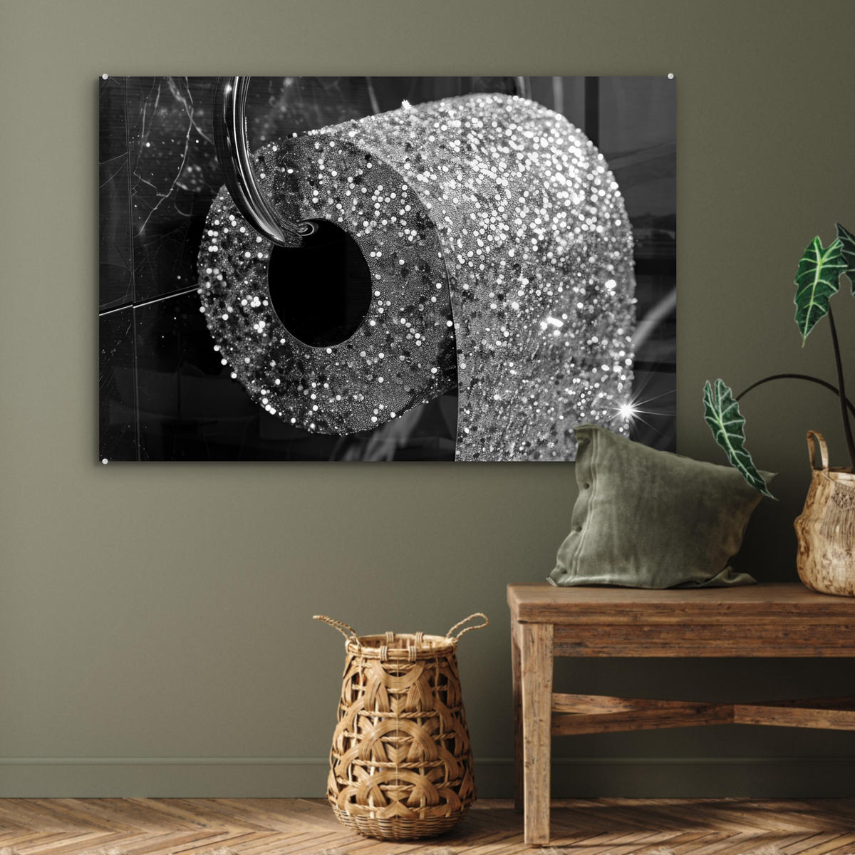 ACRYLGLASBILD WC - Toilettenpapier - Schwarz und weiß - Glitter 120x80 cm - Silberfarben, Glas (120/80cm) - MuchoWow