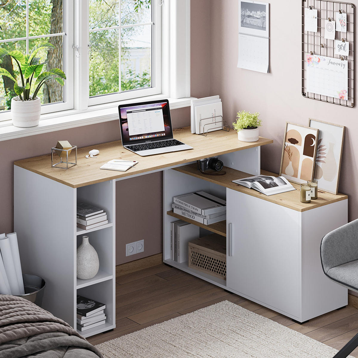 ROHOVÝ PSACÍ STŮL Rudy Bílá/Artisan - bílá, kompozitní dřevo (110/135/75.5cm) - Vicco