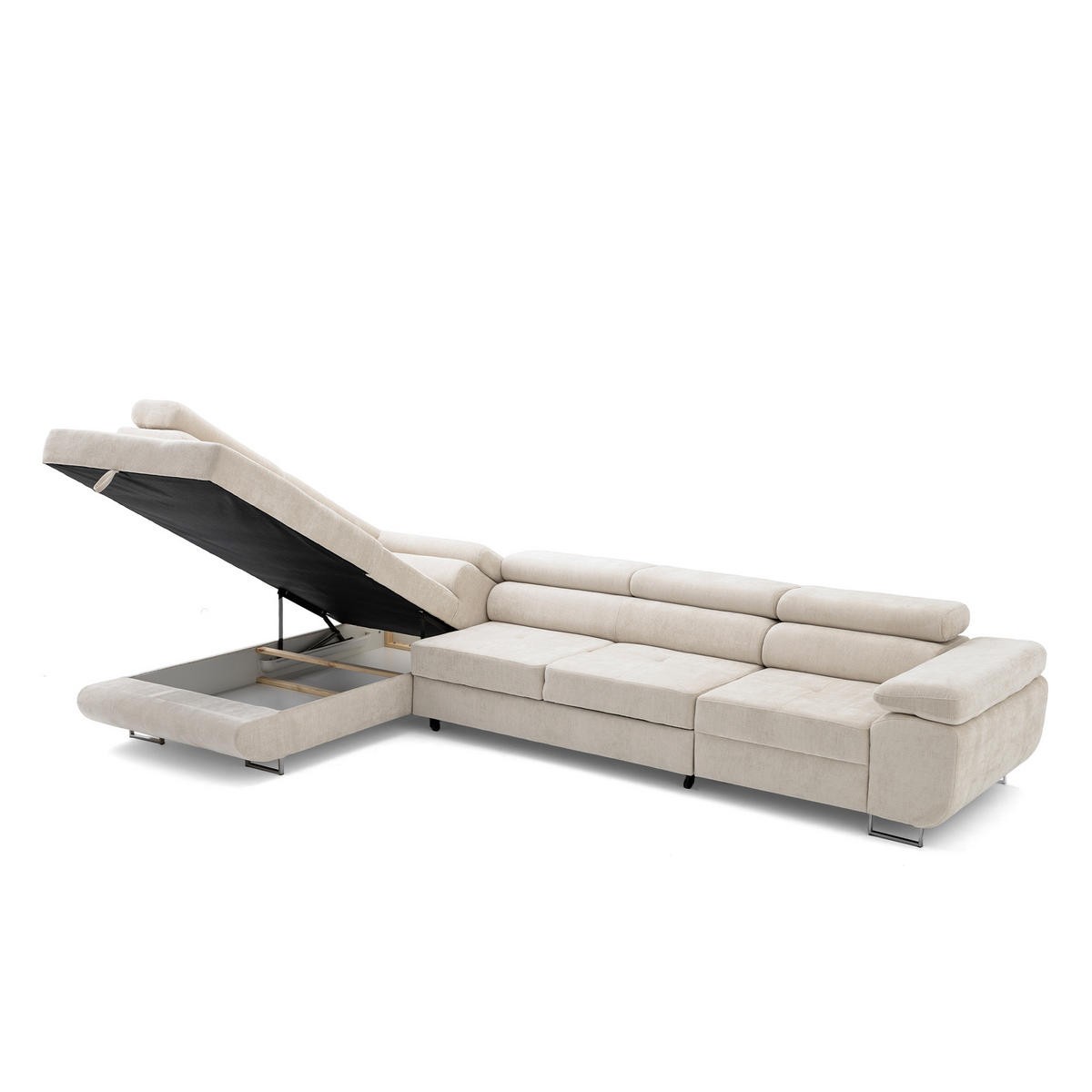 ECKSOFA WILD MAXI L Links mit Schlaffunktion 125x195 Chenille Beige - Chromfarben/Beige, Holz/Textil (350/203cm) - Muffo
