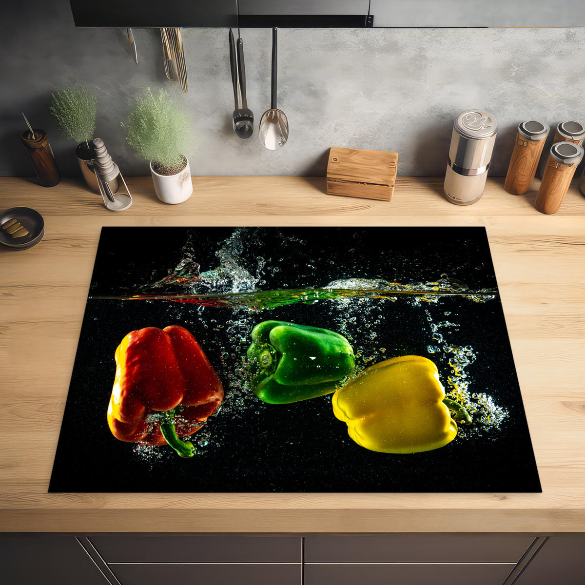 HERDABDECKPLATTE Paprika - Gemüse - Wasser - Schwarz - Rot - Grün - Gelb Induktionsmatte 77x59 cm - Multicolor, Kunststoff (77/59/0.2cm) - MuchoWow