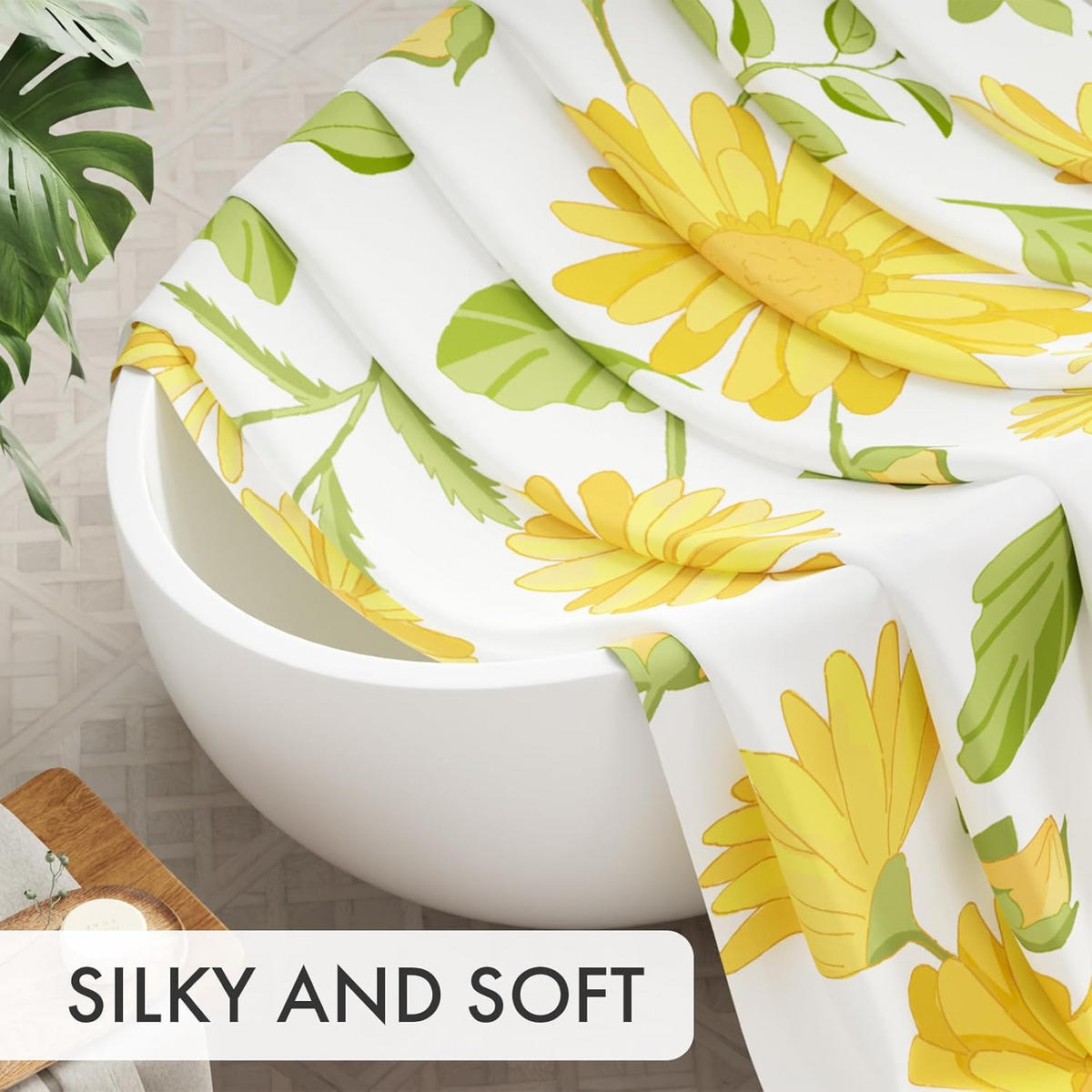 DUSCHVORHANG Gelb Eukalyptus floral 180 x 180 cm rustikal Stoff mit Haken - Multicolor, Textil (180/180cm) - MCBOSON