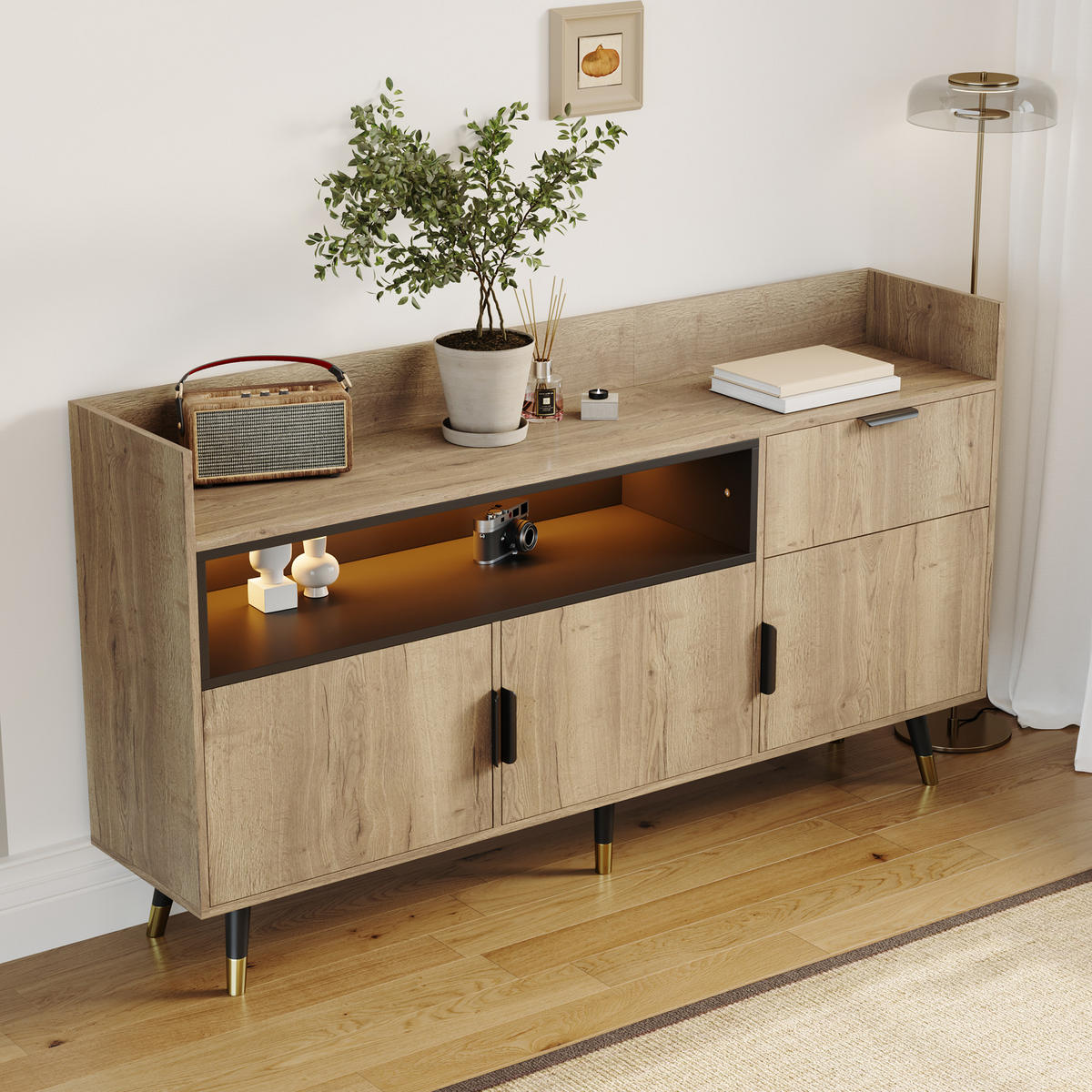 SIDEBOARD mit Schubladen, offenen Regalen und Schwingtüren - Naturfarben, Holzwerkstoff (160/82/35cm)