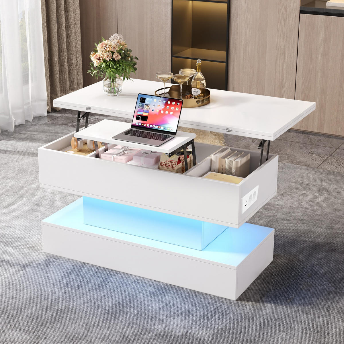COUCHTISCH in Weiß höhenverstellbar Kaffeetisch mit Steckdose und LED-Licht für Wohnzimmer, B100/T50/H51.5cm - Weiß, Holzwerkstoff/Metall (50/100/51cm) - STILVORA