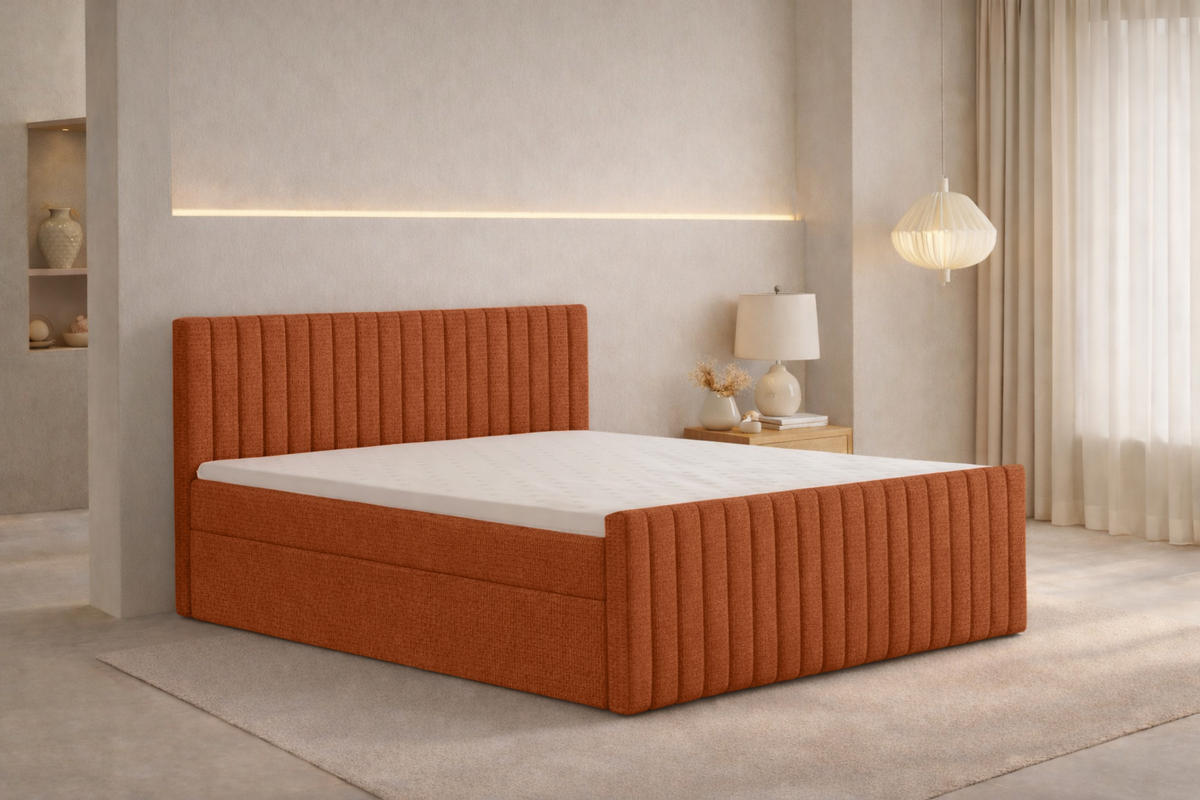 BOXBETT Mit Matratze Und Bettkasten, Chenille-Stoff Flow, Kupfer, 200x200 cm, H2-Pocket, DEMETER - Orange, Holz (200/200cm) - Kaiser Möbel