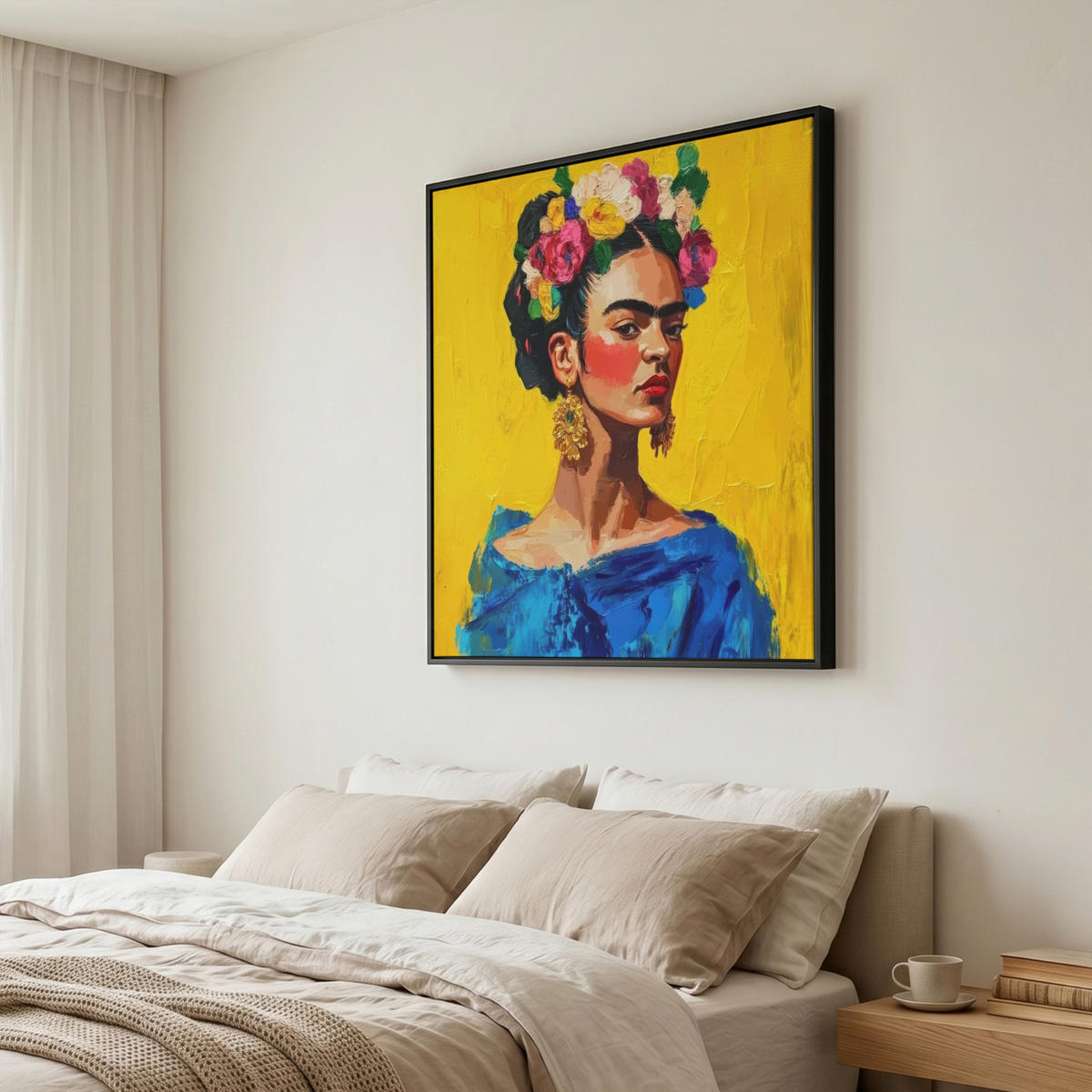 LEINWAND Bilder mit Rahmen - Frida Kahlo - Frau - Gelb - Blau - Blumen - 90x90 - Gelb, Textil (90/90cm) - MuchoWow