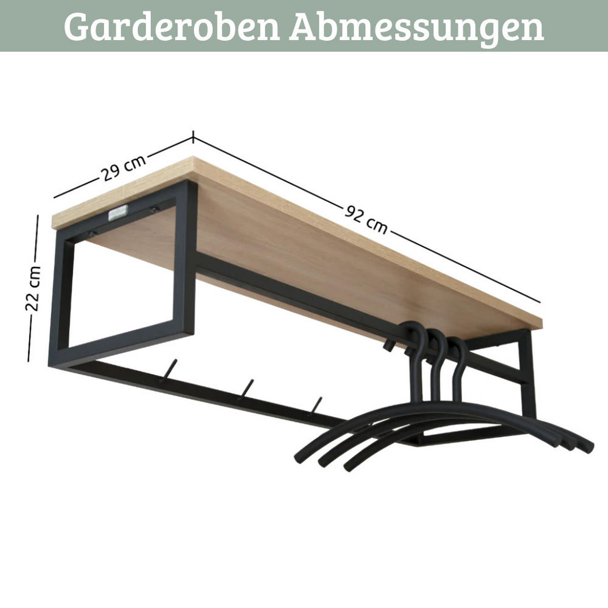 WANDGARDEROBE mit Ablage SIMBA Eichenholz 4 Haken 3 Kleiderbügel - Braun, Holz (92/22/29cm) - DELUKE