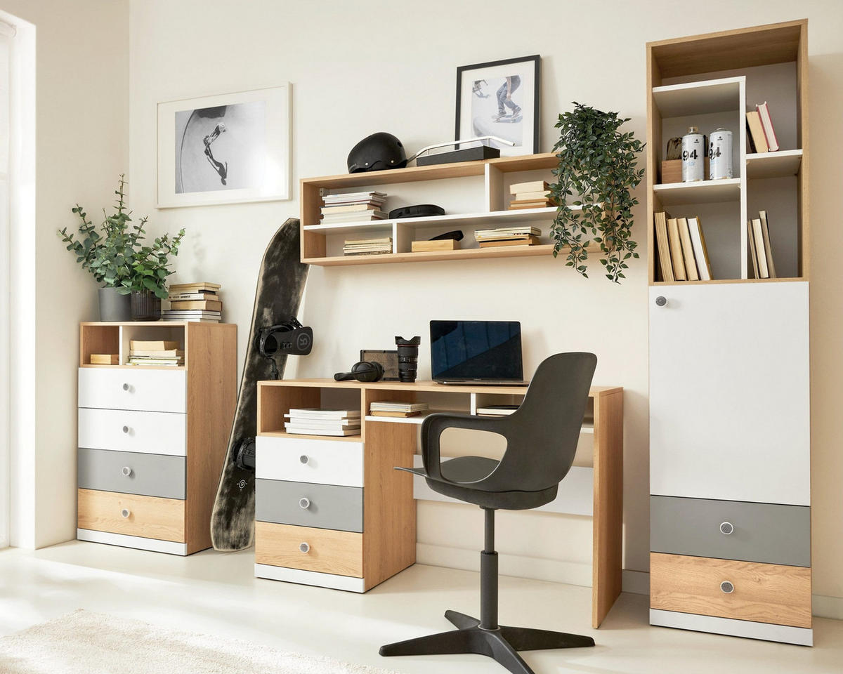 JUGENDZIMMER-SET POKO A 4-teilig in Biskuiteiche / Weiß Lux / Grau - Eichefarben/Weiß, Holzwerkstoff (230/190/55cm) - Deine Möbel 24