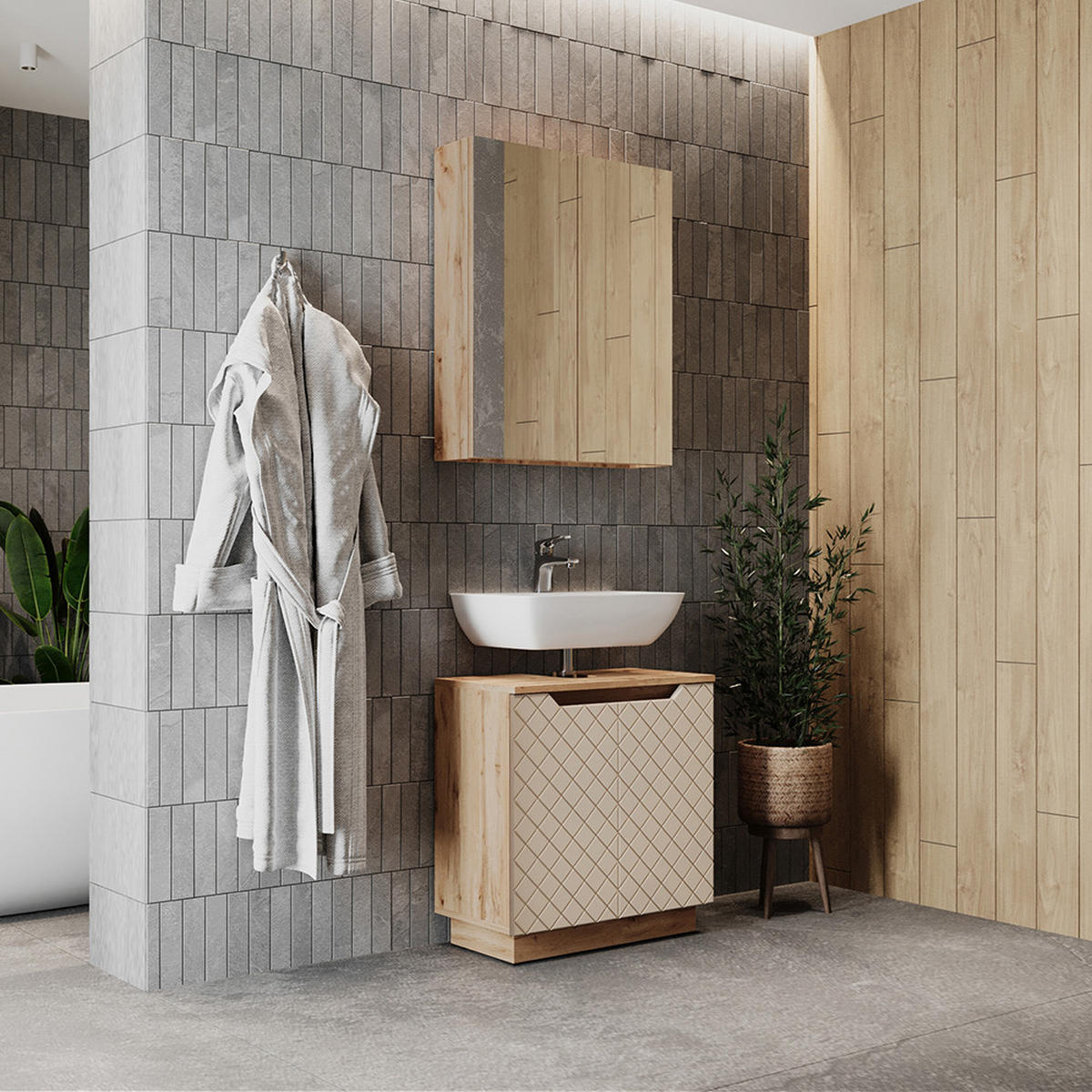KOUPELNOVÝ NÁBYTEK Lotta Dub/kašmír se strukturou dlaždic - kašmírová, kompozitní dřevo (59.8/62.5/32cm) - Vicco