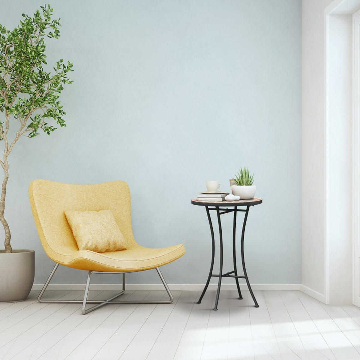 GARTENTISCH Rund 35.5x35.5x53.5 cm Schwarze mit Mosaik-Muster & Metallrahmen - Naturfarben, Metall (35.5/35.5/53.5cm) - Modfu