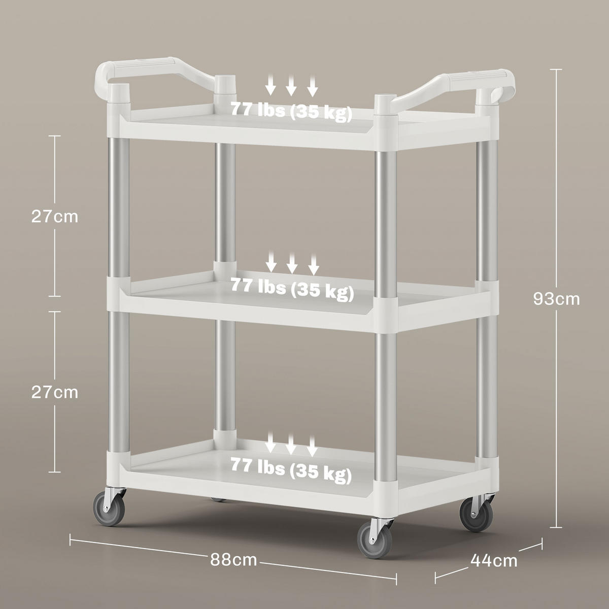 KÜCHENWAGEN, 3-stöckiger Alu-Wagen 88 x 44 x 93 cm 105 kg, Weiß - Multicolor, Metall (88/93/44cm) - FORIOUS