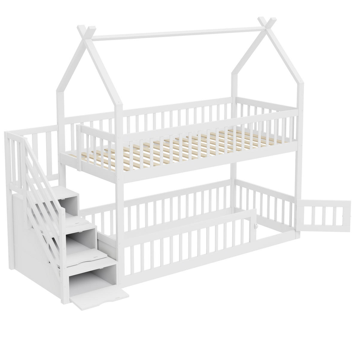 ETAGENBETT aus Massivholz 90x200 cm in Weiß mit Treppe & Schubladen - Weiß, Holz (90/200cm) - Modfu