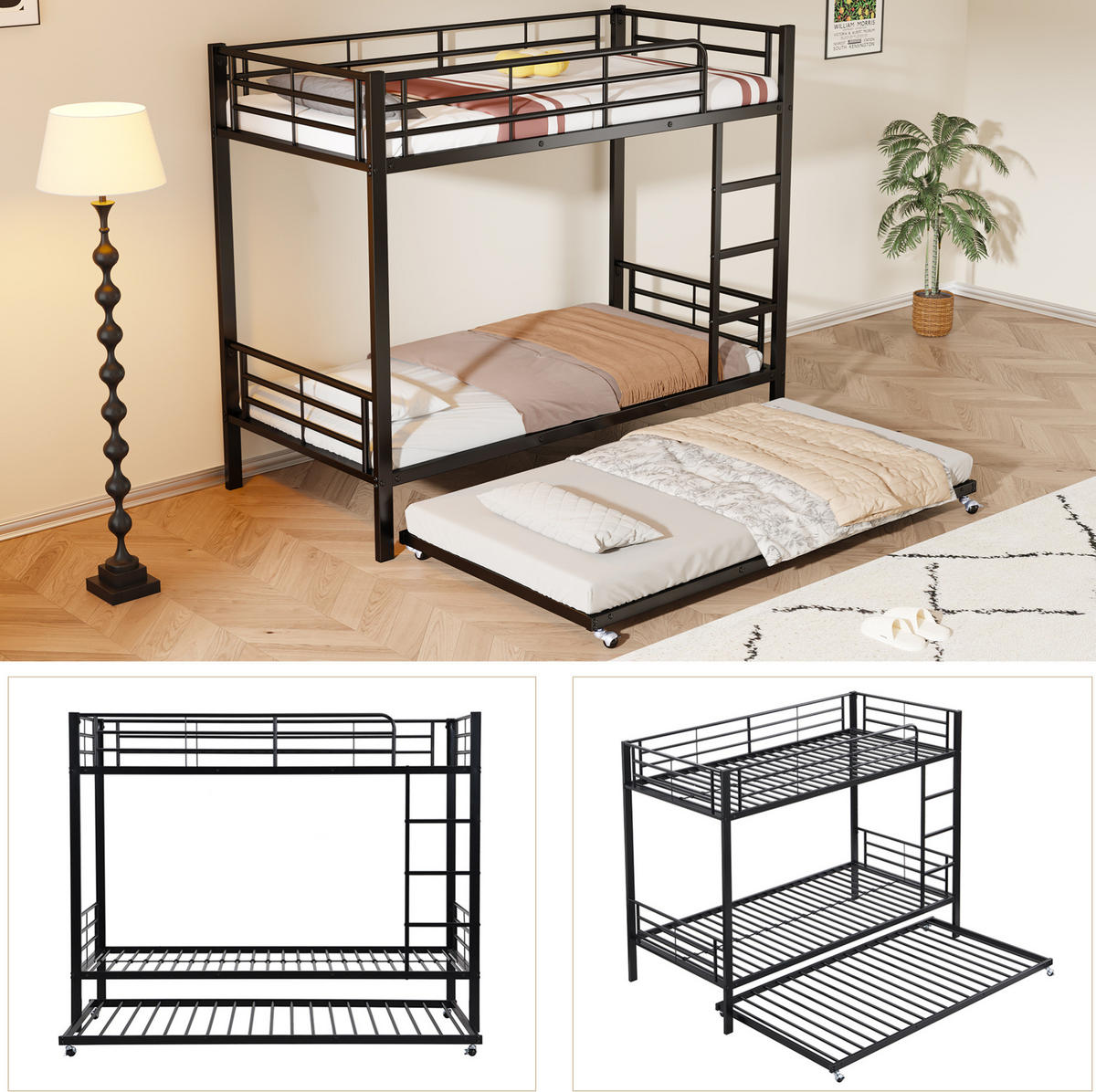 ETAGENBETT 90/200 cm aus Metall mit Ausziehbett Schwarz - Schwarz, Metall (90/190cm) - Modenvie