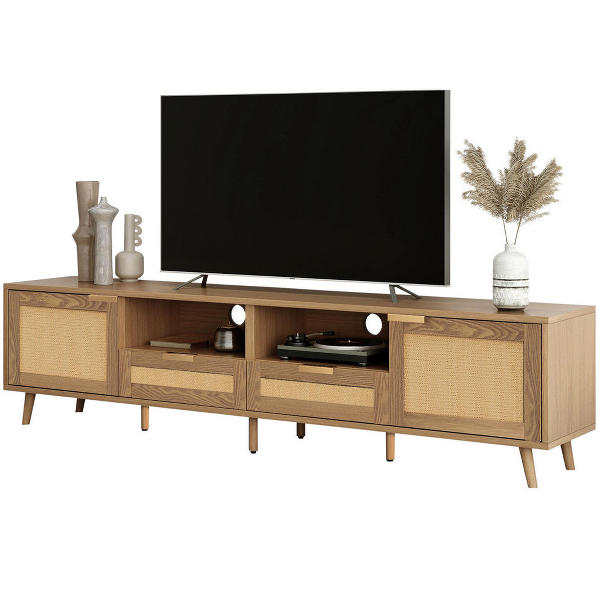 TV-STÄNDER 200x37cm Kunststoff Rattan Design Massivholz Füße - Braun, Holz (46/15.5/114.5cm) - FLIEKS