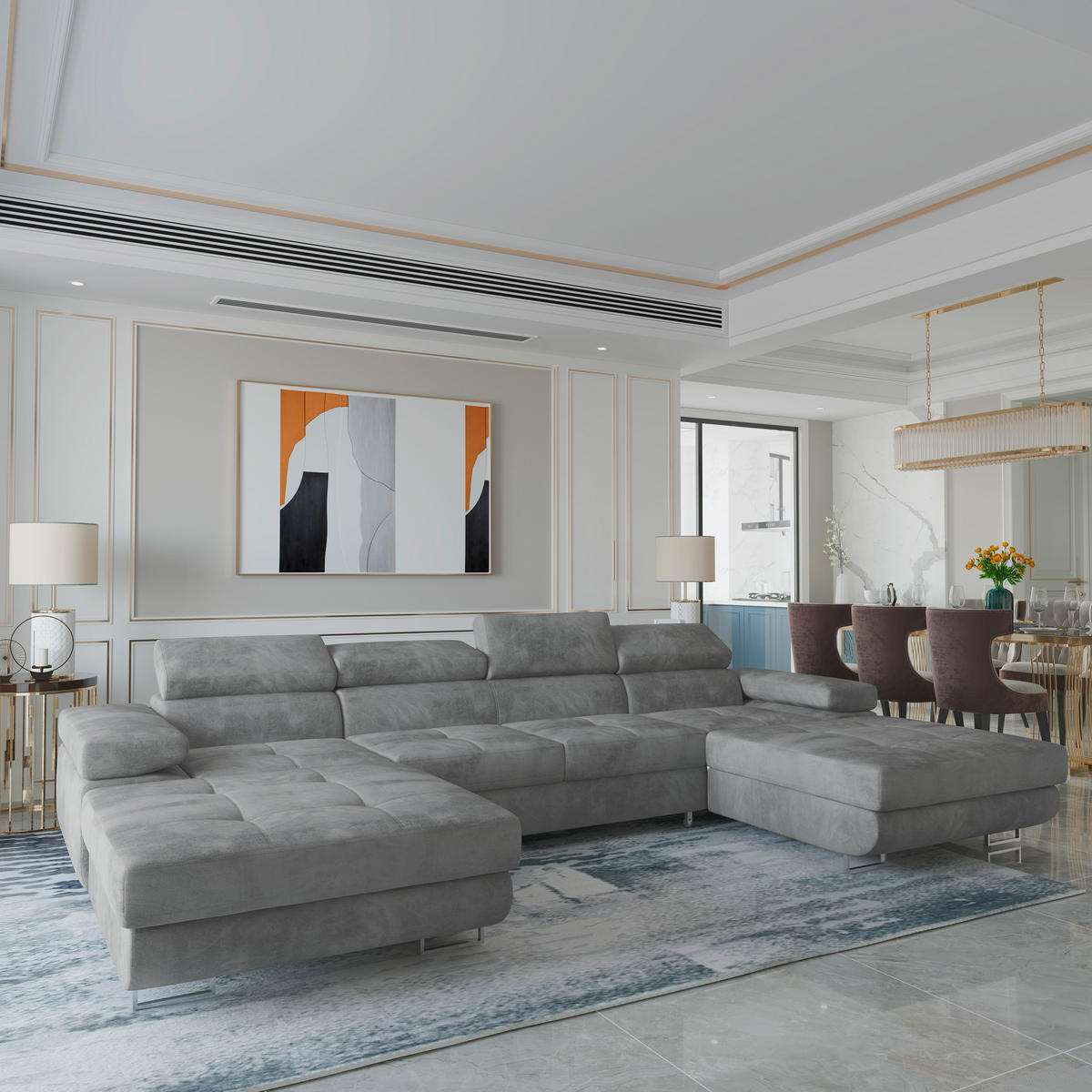 WOHNLANDSCHAFT LYKKE Grau Velours-Stoff mit Schlaffunktion - Grau, Holz (353/90/202cm) - MASSENO