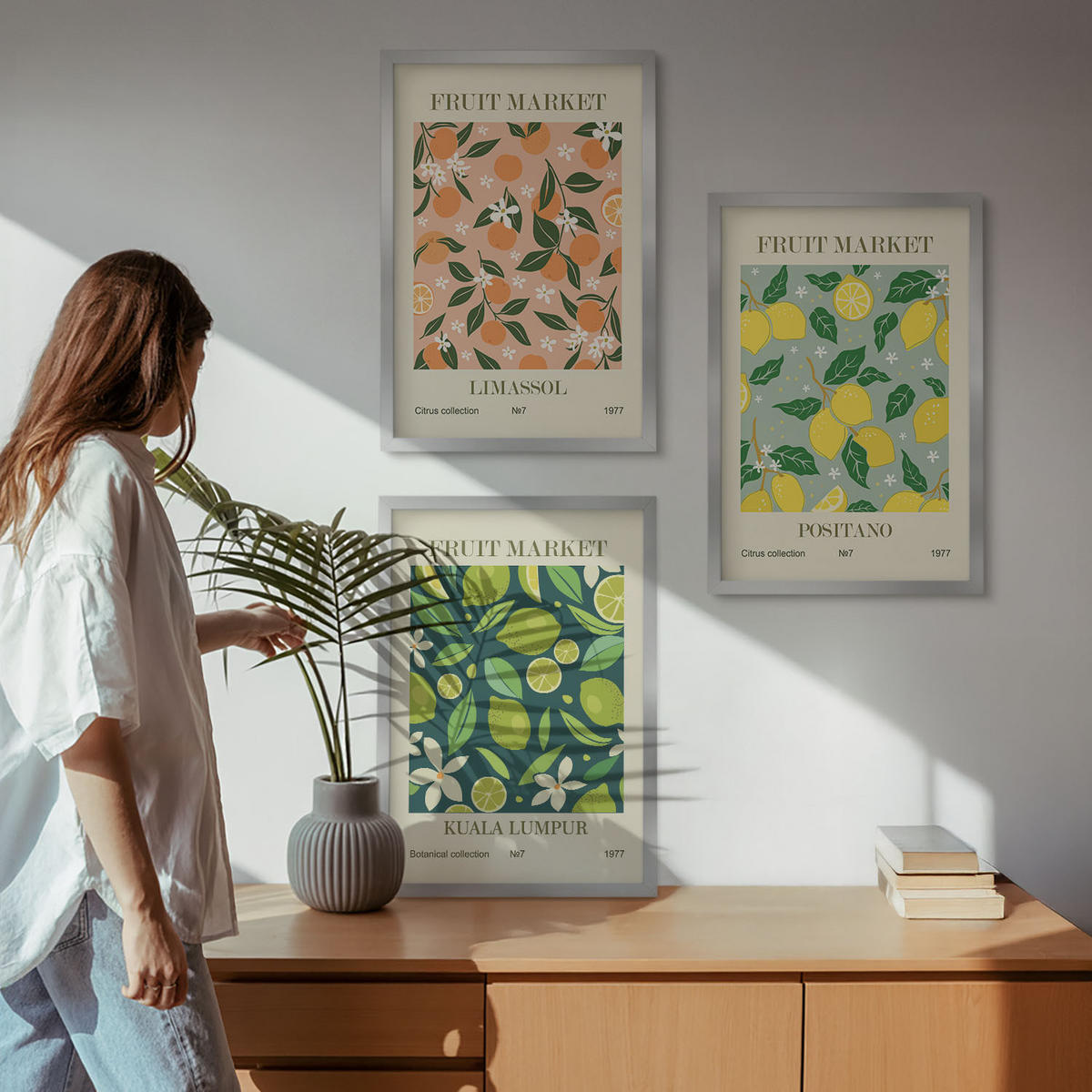 WANDBILDER 3er Set - 40x60 cm Silberner Rahmen - Fruchtige Zitrusblütenmuster - Silberfarben, Kunststoff (40/60cm) - ArtPrintCave