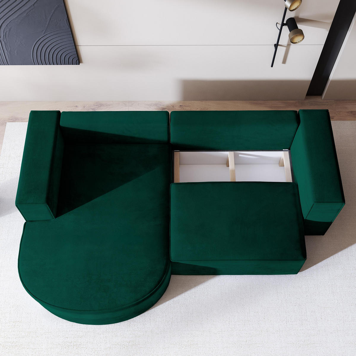 ROHOVÁ SEDAČKA SORELA tmavě zelená - šedá/tmavě zelená, dřevo/textil (263/174cm) - MASSENO