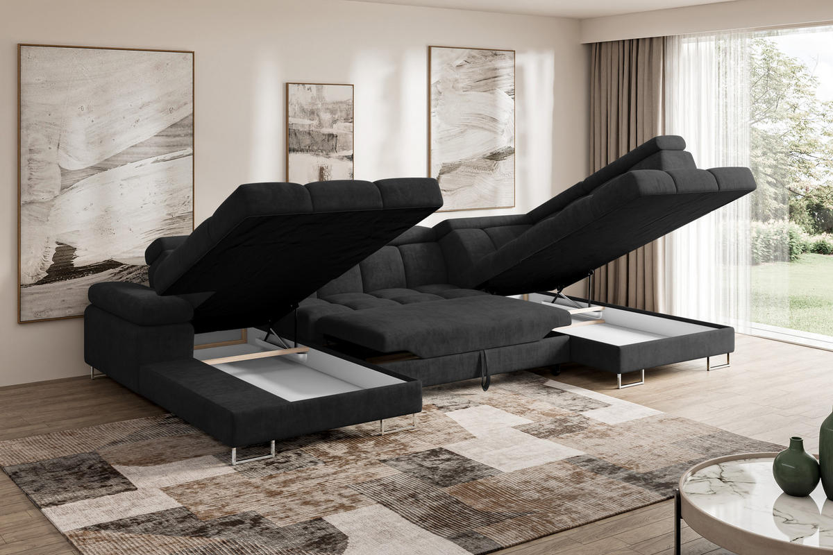 WOHNLANDSCHAFT mit Schlaffunktion und Bettkasten Ottomane RECHTS COMA U 345x203x79 Schwarz Velours - Schwarz, Holzwerkstoff/Textil (203/79/345cm) - ALTDECOR