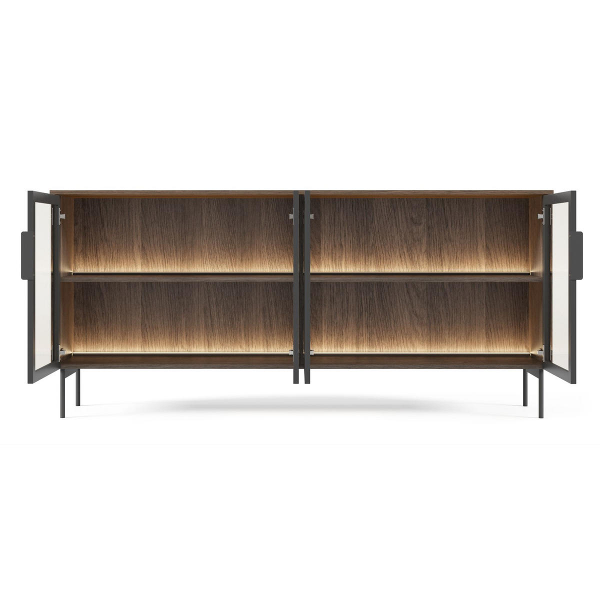SIDEBOARD Lumi 4-türig mit Glasfronten Eiche Dunin 181 cm - Dunkelbraun/Schwarz, Holzwerkstoff/Metall (181.3/82.6/39.3cm) - Selsey
