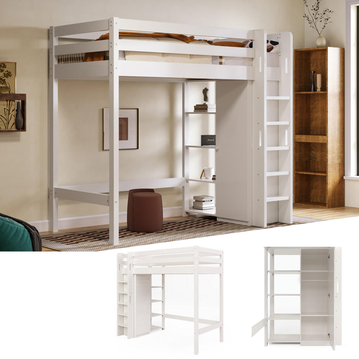 HOCHBETT 90/200 cm in Weiß mit Kleiderschrank und 6 Regalen - Weiß, Holzwerkstoff (90/200cm) - STILVORA