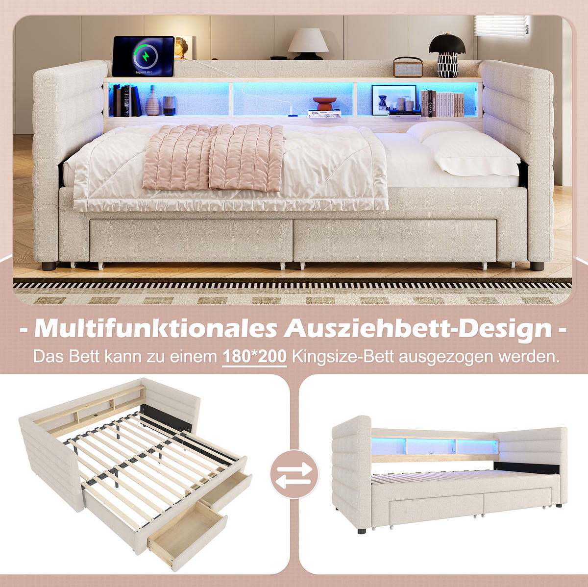 ROZKLADACIA posteľ z zamatu 90x190 cm béžová s LED osvetlením, USB a Typ-C portmi, úložným priestorom - béžová, textil (90/190cm) - Modfu