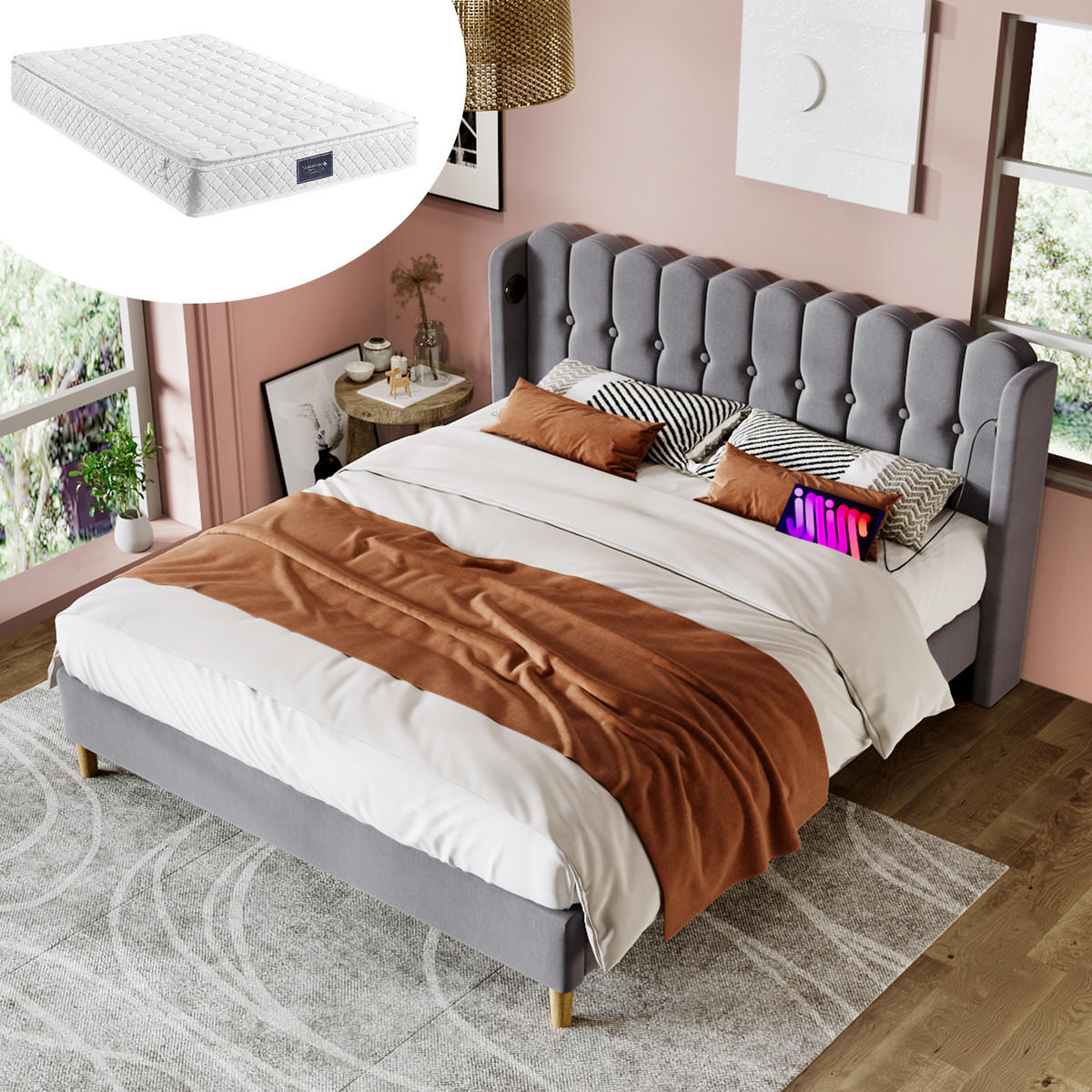 POLSTERBETT 160/200 cm in Grau mit USB und Type-C Leinen Design - Naturfarben/Grau, Holzwerkstoff/Textil (160/200cm) - STILVORA