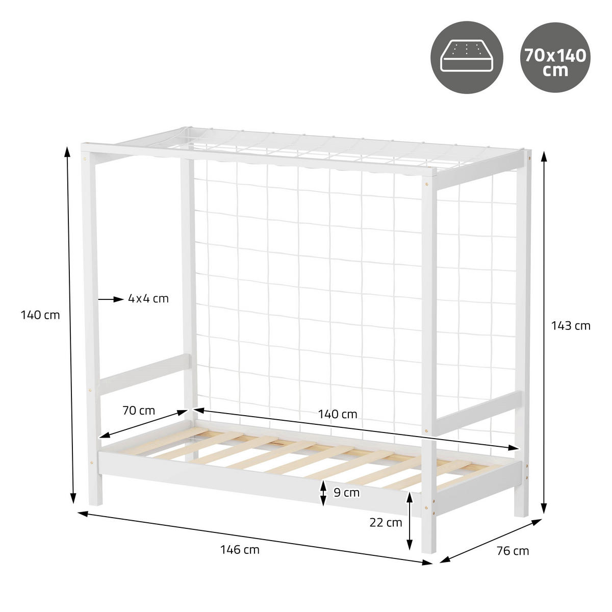 KINDERBETT Fußballtor mit Matratze 70x140 cm Weiß - Weiß, Holz (70/140cm) - ML-DESIGN