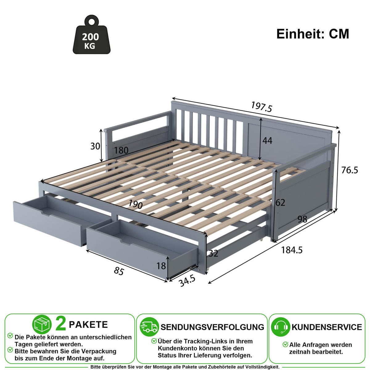 BETT 90/190 cm & 90/190 cm in Grau mit 2 Schubladen und Ausziehbett - Grau, Holz/Holzwerkstoff (90/190cm) - CHICFURN