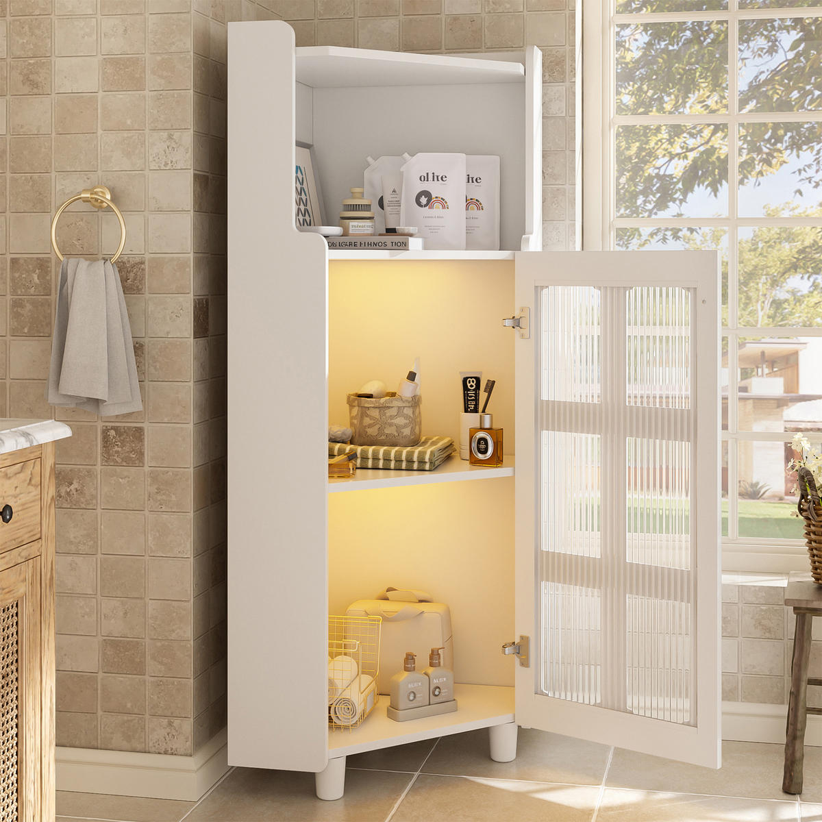 ECKSCHRANK in Weiß lackiert mit App-gesteuerter LED & Glasvitrine - Weiß, Holzwerkstoff (63/124/45cm) - Urban Meuble