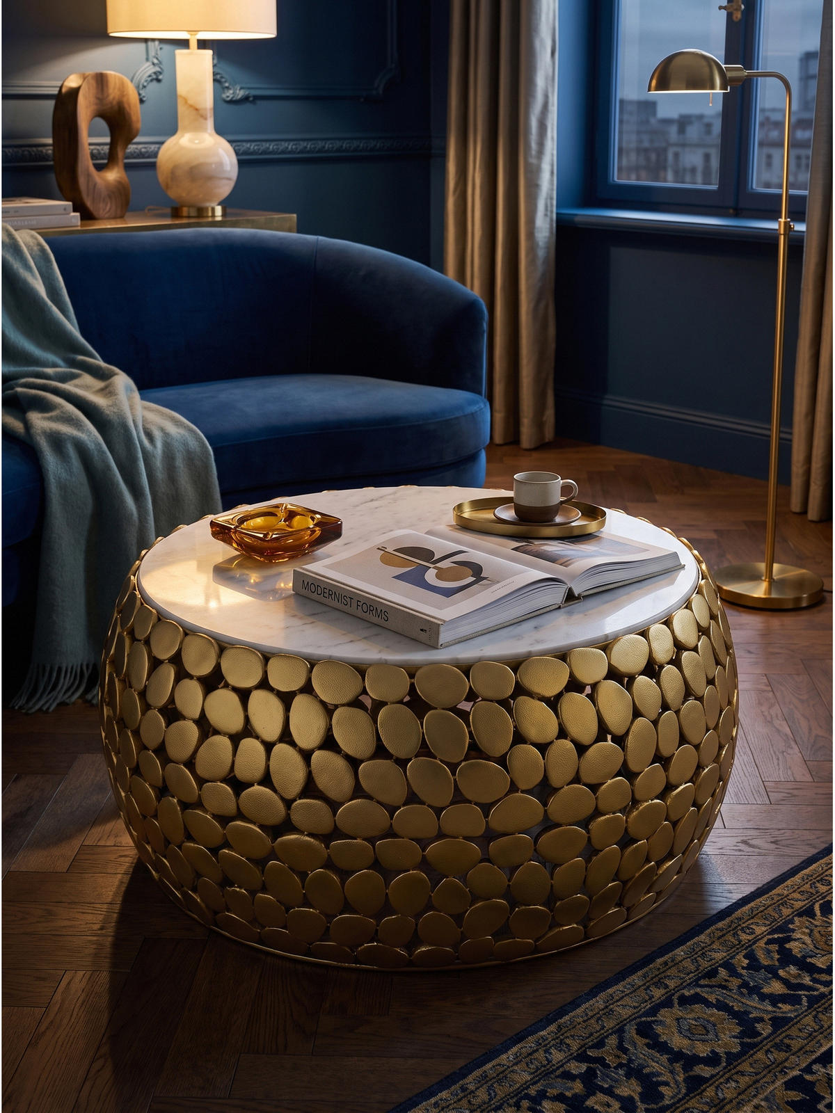 COUCHTISCH DIEMEL, Marmor, handgefertigt, Gold-Weiß, Ø 66 x 32 cm - Goldfarben, Stein/Metall (66/66/32cm) - KADIMA DESIGN