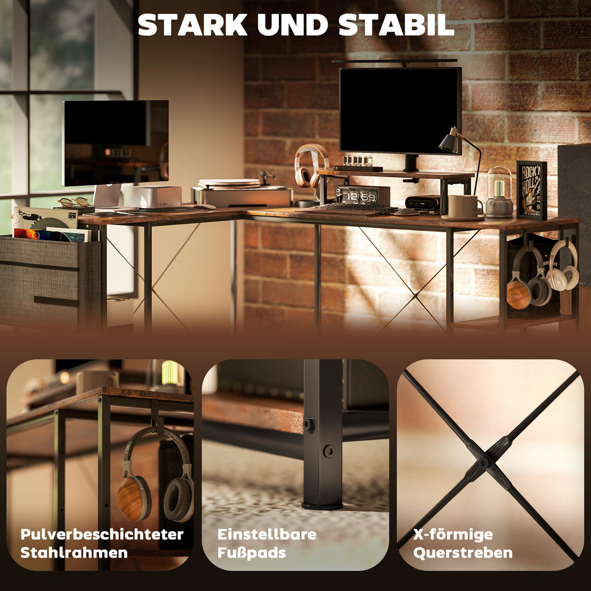 SCHREIBTISCH L-förmiger, 168 x 120 cm, Rustikal-Braun - Braun, Holz/Metall (120/168/90cm) - HOMCOM