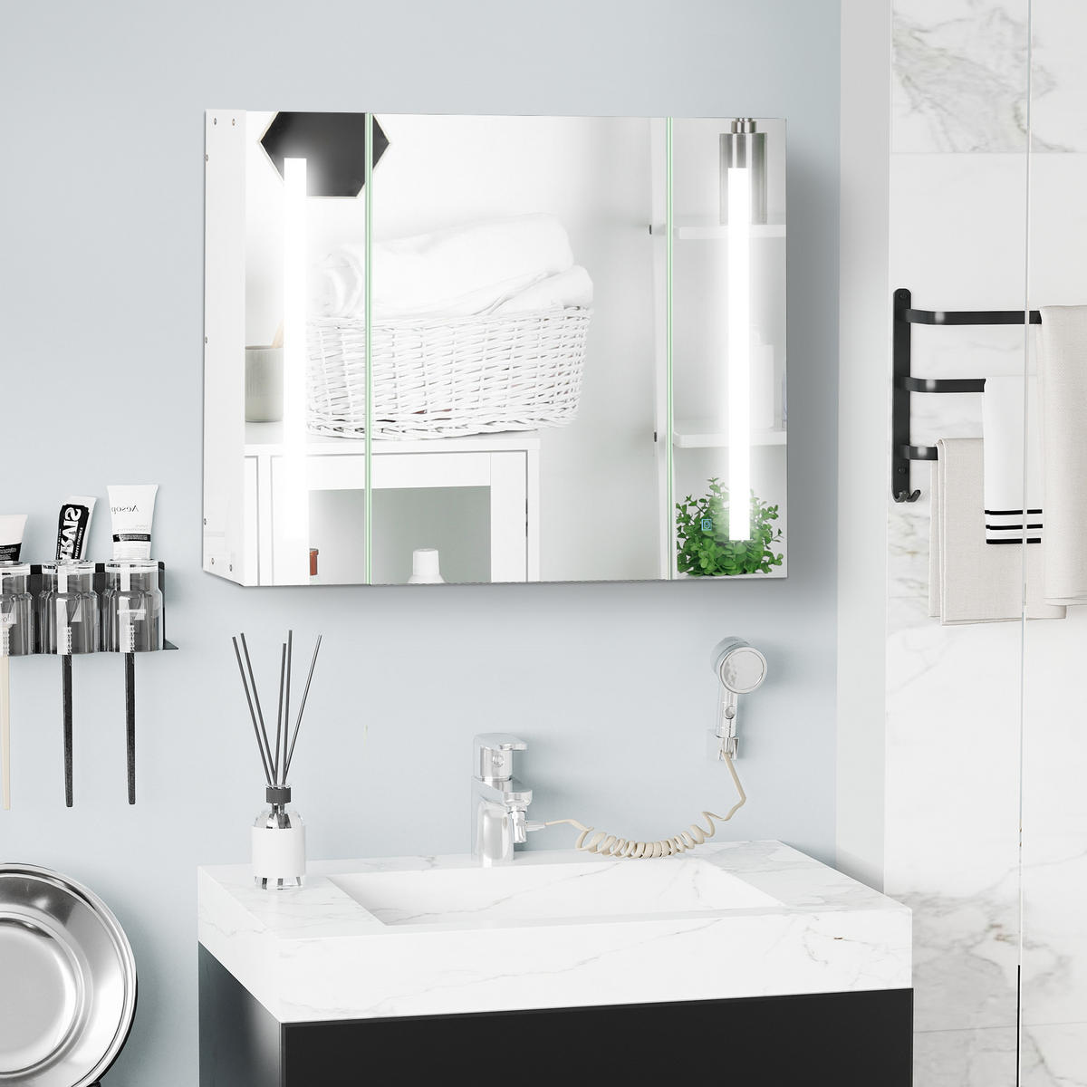 BADEZIMMER-SPIEGELSCHRANK mit 3 Schränken, 3 Ablagen und LED-Beleuchtung, 90 x 15 x 65 cm ,Weiß - Weiß, Glas (90/65/15cm) - Vallsero