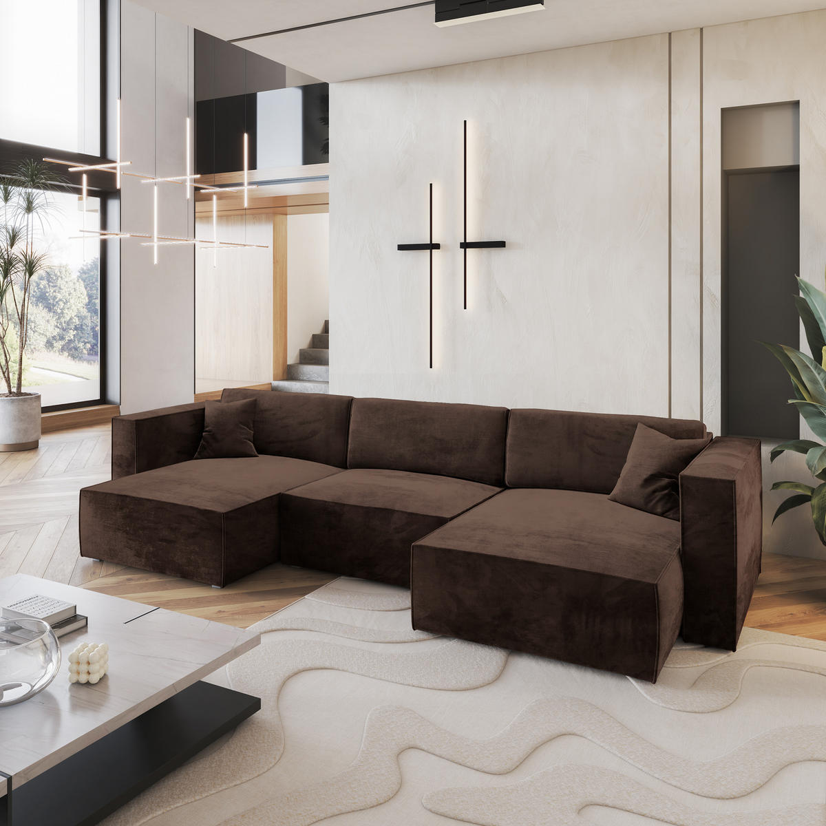 WOHNLANDSCHAFT SARMO M Braun Velours-Stoff mit Schlaffunktion - Braun, Holz (347/70/148cm) - MASSENO