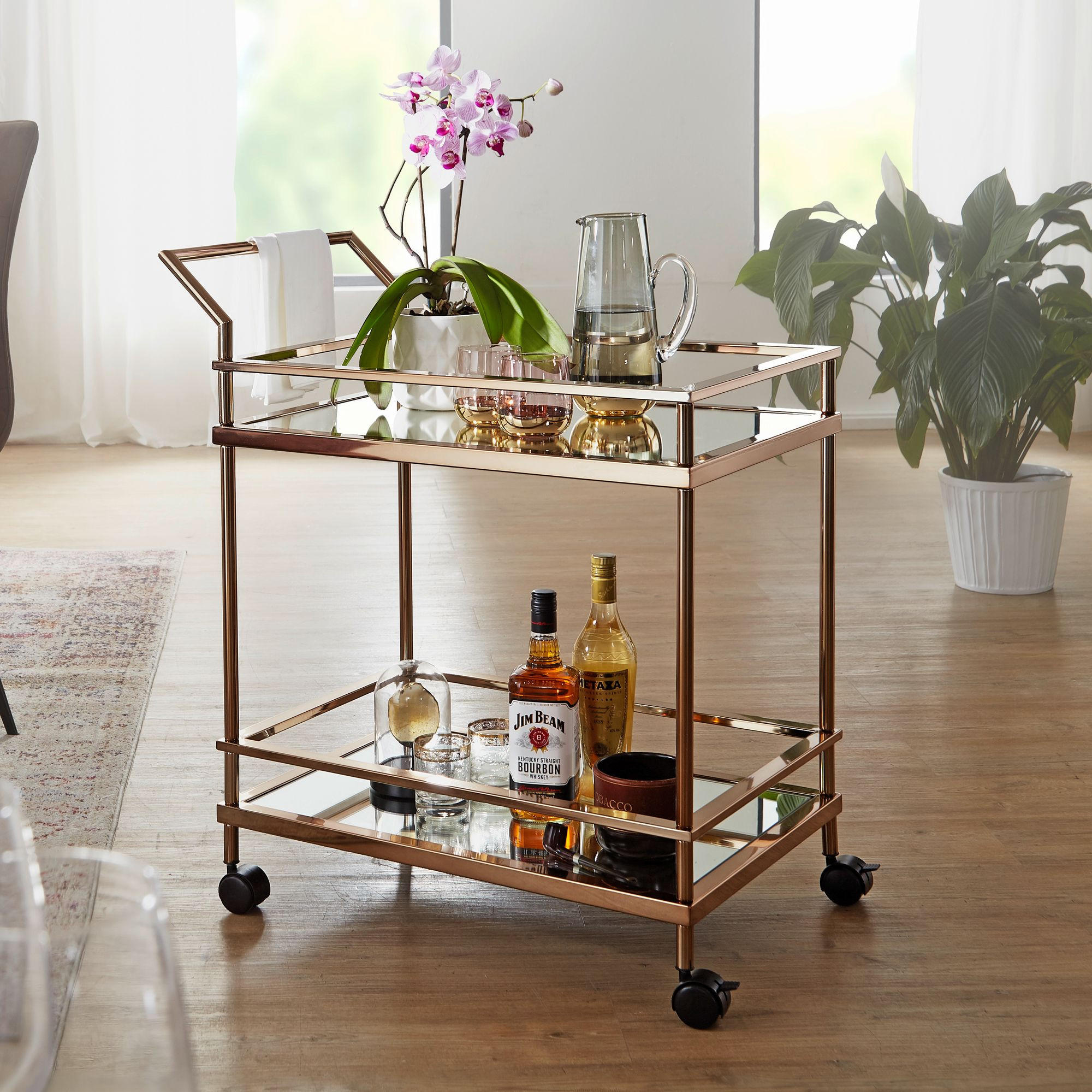 SERVIERWAGEN – Gold, Verspiegeltes Glas, auf Rollen - Goldfarben, Glas/Metall (65/84/45cm) - KADIMA DESIGN