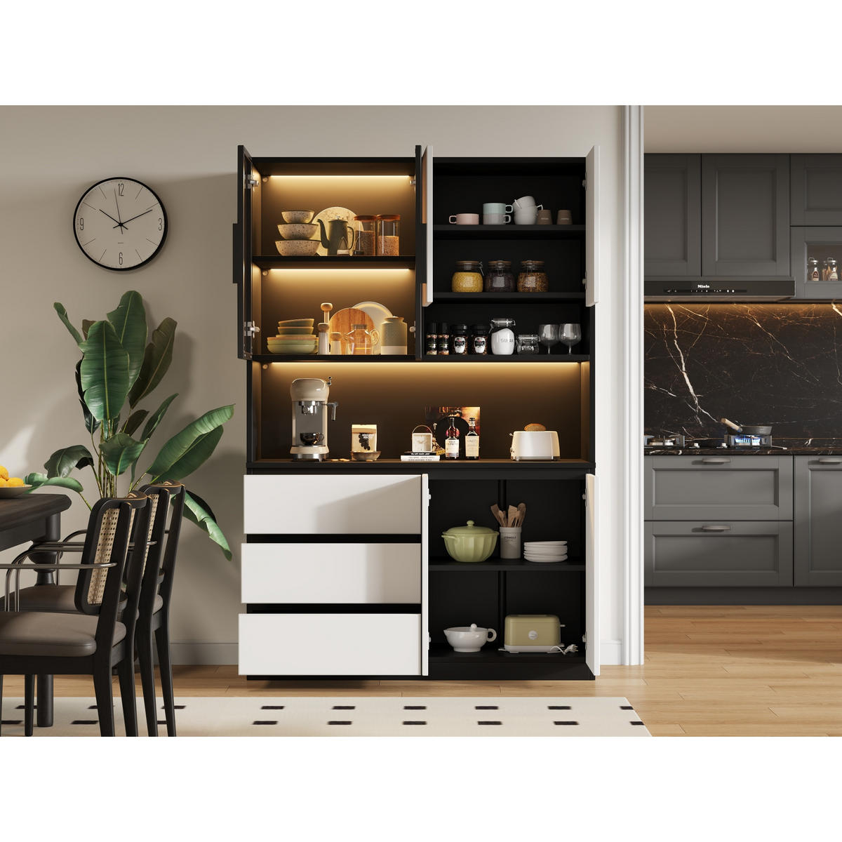 KÜCHENSCHRANK 120,5x40x180 cm, LED-Beleuchtung, 3 Schubladen, 6 Türen, Weiß/Schwarz - Schwarz, Holzwerkstoff (120.5/180/40cm) - FOHERE