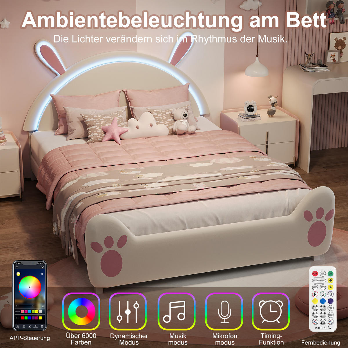 KINDERBETT 140x200 cm mit Hasen-Design, Ambiente-LED, Lattenrost, einfacher Montage, Weiß - Weiß, Holz (140/200cm) - BRILVERDE