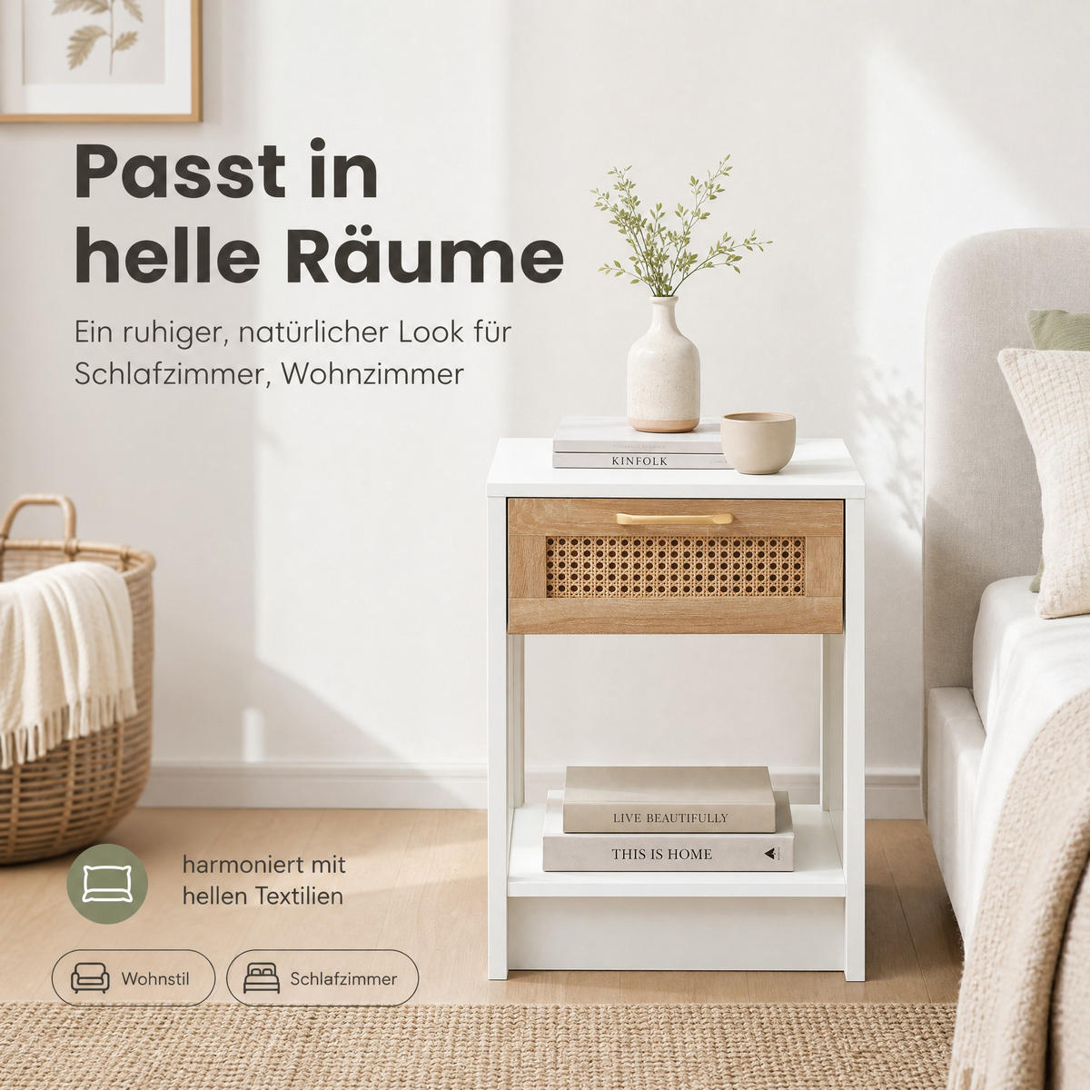 NACHTTISCH 40/55/40 cm Natur/Weiß aus MDF mit Schublade - Hellbraun, Holzwerkstoff (40/55/40cm) - OKMYHOME