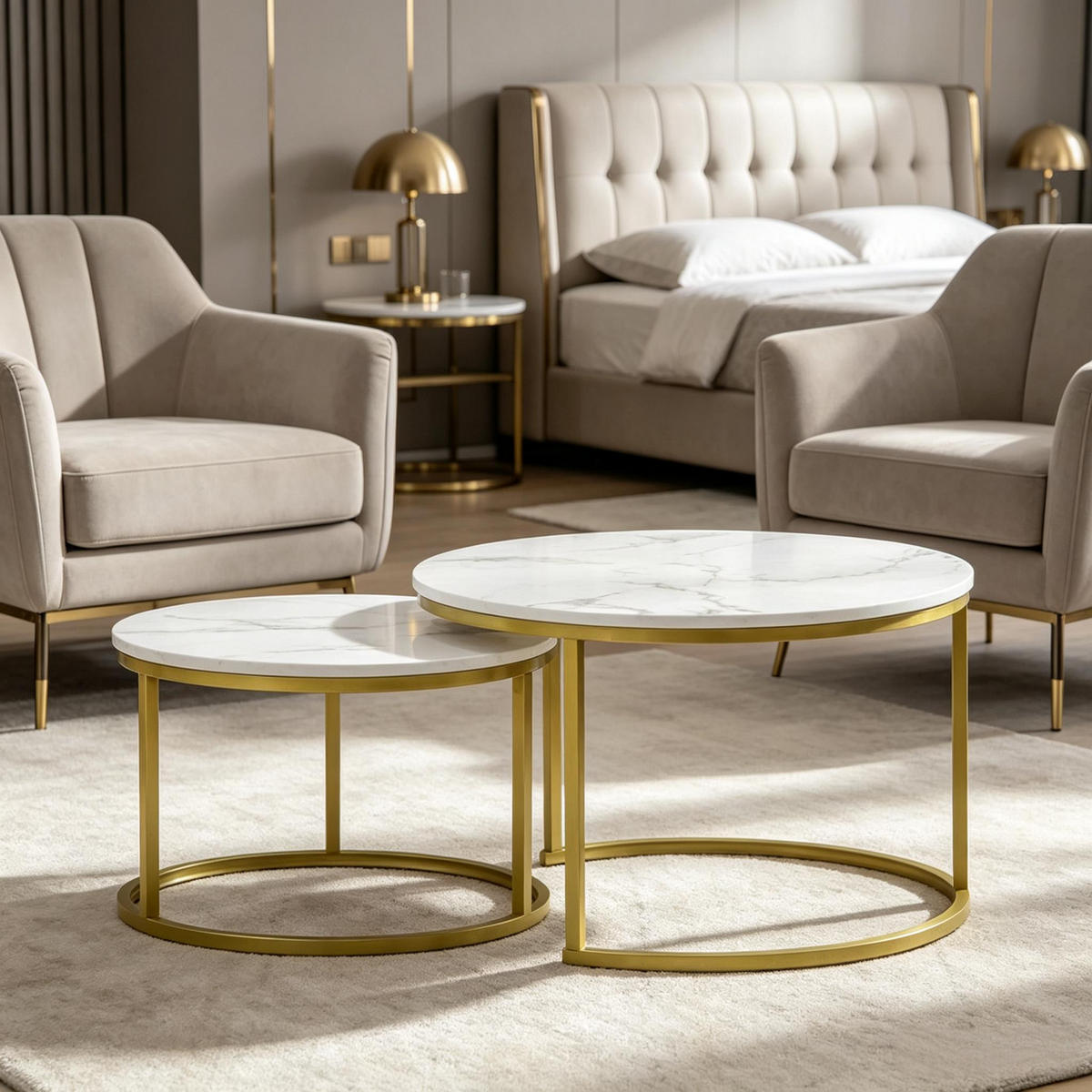 COUCHTISCH-SET 2-teilig Weiß/Gold Marmoroptik rund - Goldfarben/Weiß, Holzwerkstoff/Metall (74/74/46.3cm)