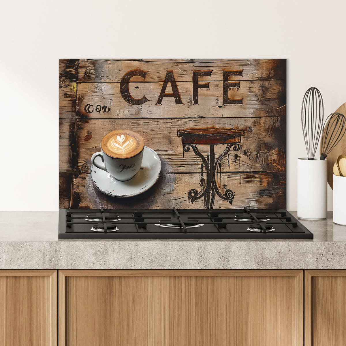 SPRITZSCHUTZ KÜCHE Cafe - Holz - Kaffee - Regale 60x40 cm - Schwarz, Metall (60/0.3/40cm) - MuchoWow