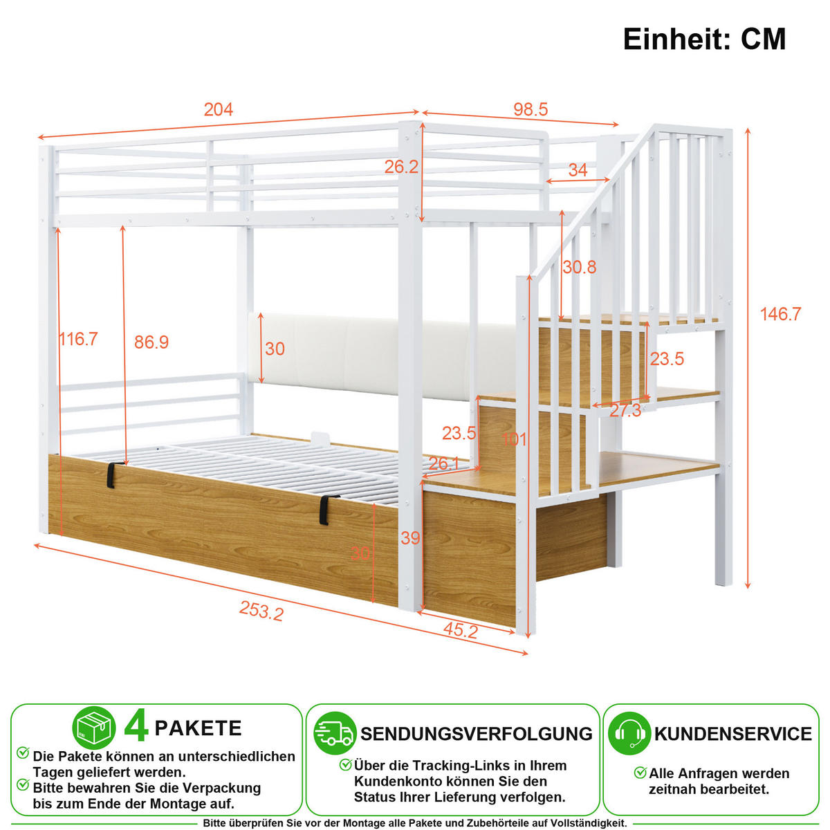 ETAGENBETT 90/200 cm in Weiß mit Stauraum, Treppe und Schutzgeländer - Weiß, Holzwerkstoff/Metall (90/200cm) - CHICFURN
