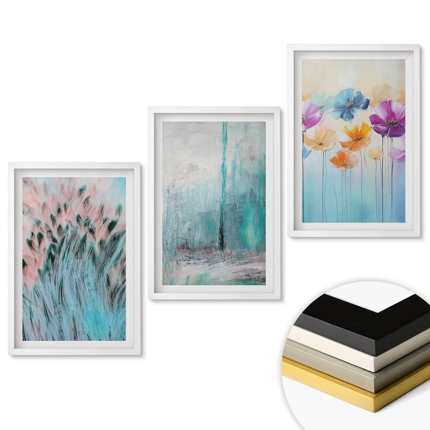 WANDBILDER 3er-Set - 40x60 cm Weißer Rahmen - Hintergrundmuster mit Pastellblumen - Weiß, Kunststoff (40/60cm) - ArtPrintCave