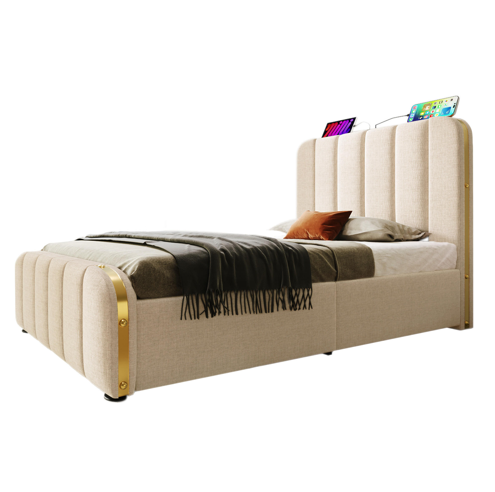 POLSTERBETT aus Leinen 90x200 cm in Beige mit 4 Schubladen & Matratze - Beige, Textil (90/200cm) - Modfu