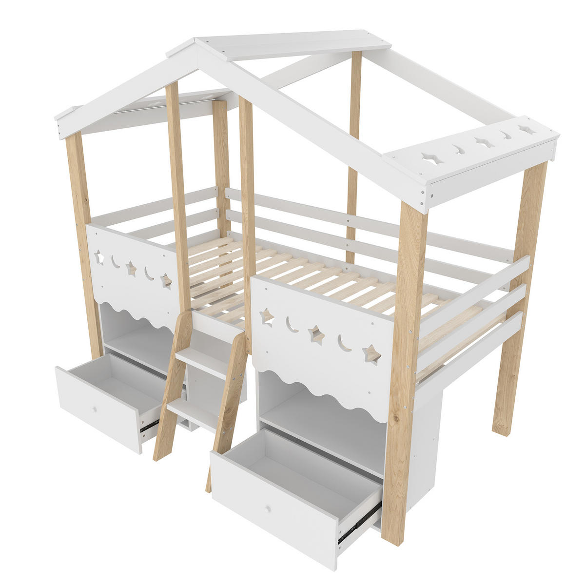 KINDEREINZELBETTEN aus Kiefernholz 90x200 cm in Weiß/Natur mit LED & 2 Schubladen - Weiß, Holz (90/200cm) - Modfu