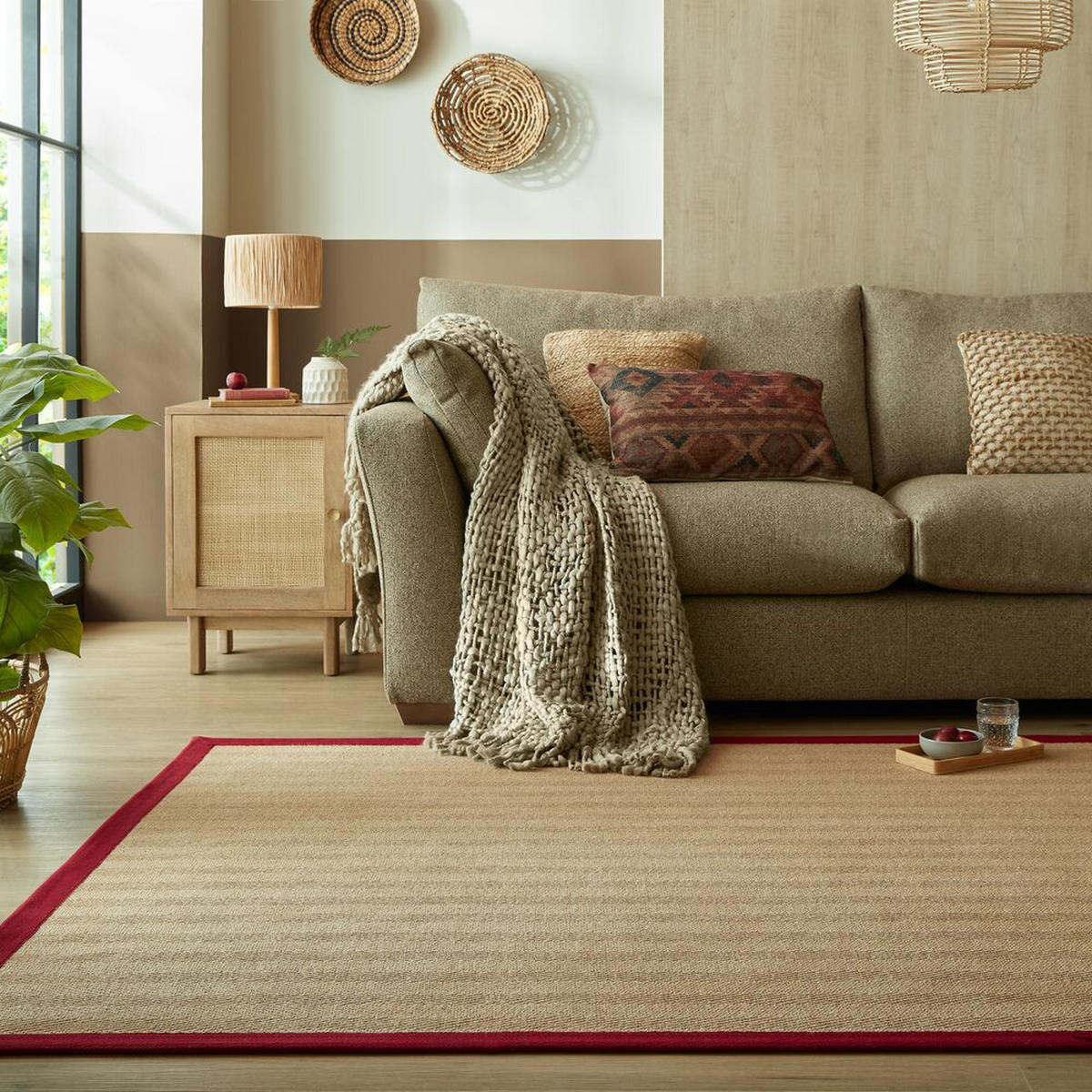 TEPPICH Jute mit Bordüre, Geometrisch-Design TRENT KIRA, Rot 160x230 cm - Rot/Naturfarben, Textil (160/230cm) - KADIMA DESIGN