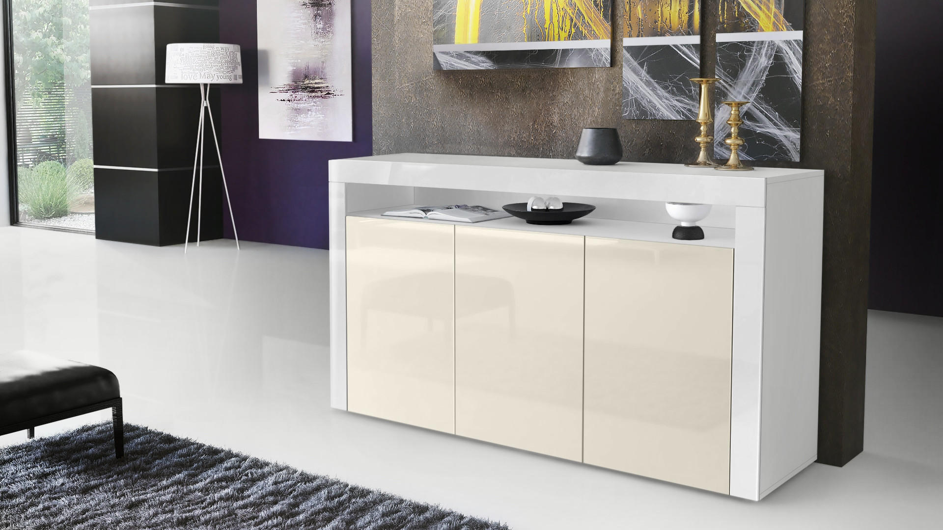 SIDEBOARD Valencia Creme Hochglanz / Weiß Hochglanz - Creme, Holzwerkstoff (155/92/40cm) - Vladon